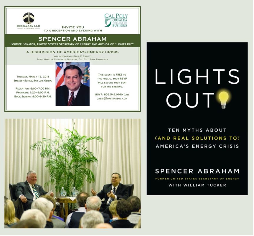 Flier for Spencer Abraham, former Senator, United States Secretary of Energy and Author of "Lights Out", visits San Luis Obispo